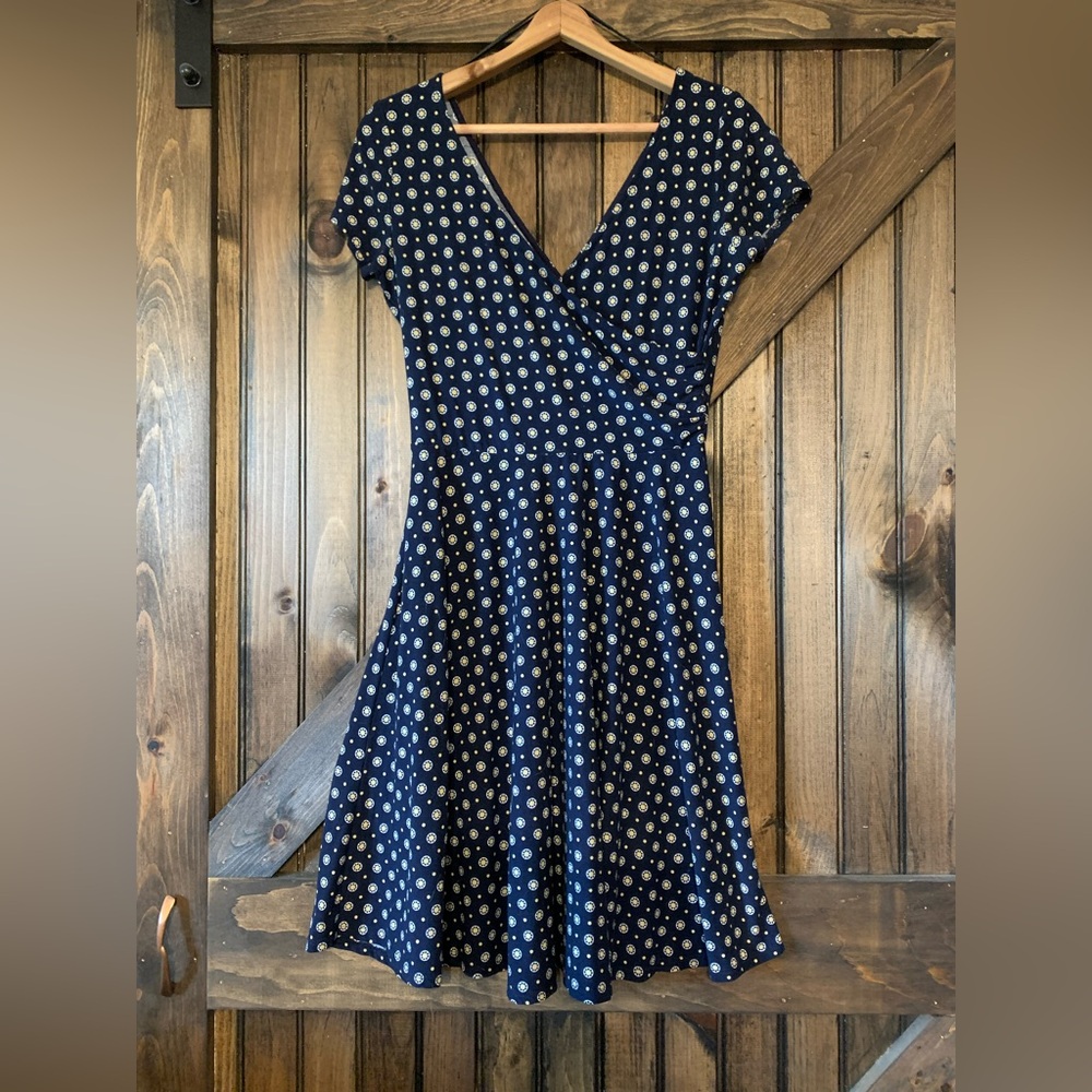 Kaileigh Navy Blue Medallion Print Faux Wrap Dress